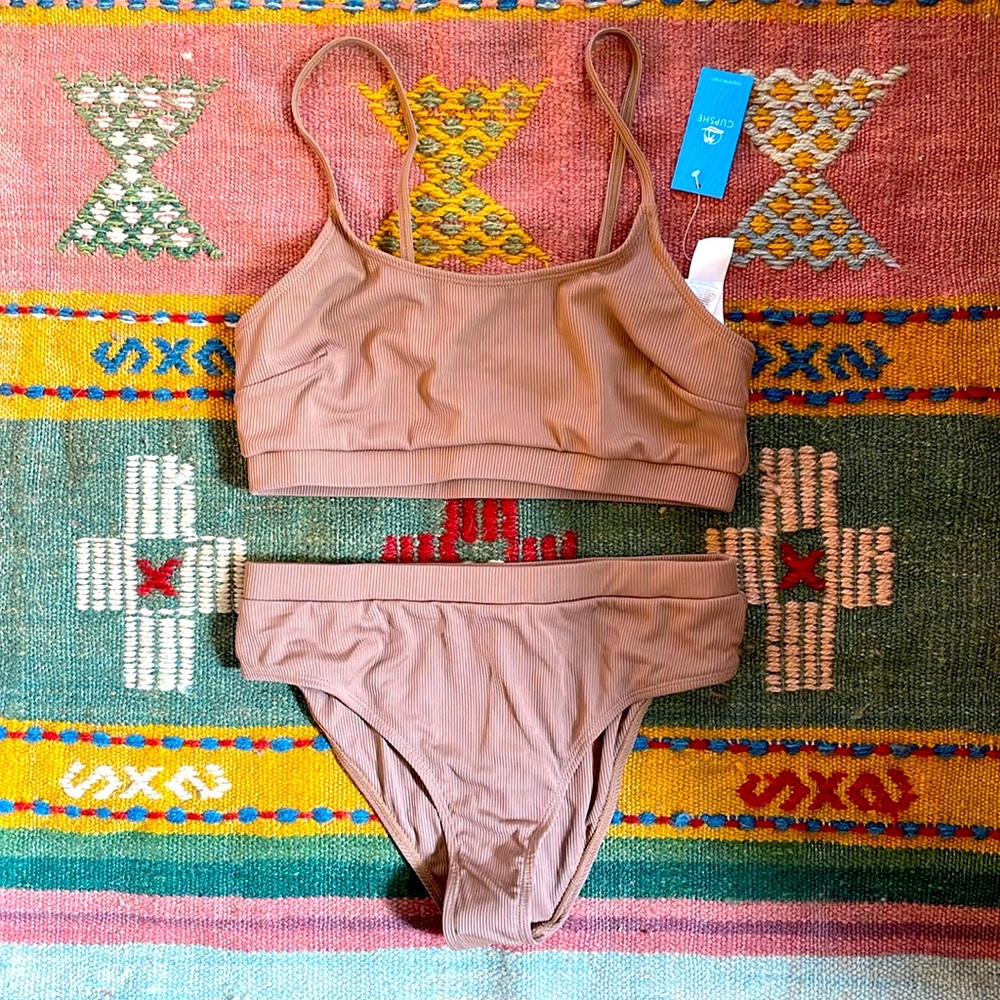 NWT Cupshe Rib Scoop Bandeau & High Waist Bikini Set Medium